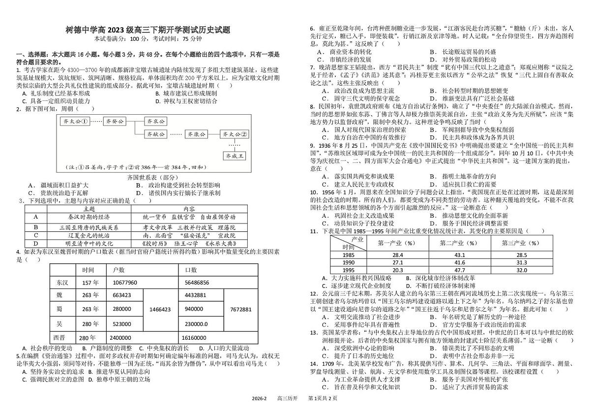 四川成都树德中学2025-2026学年下学期高三开学考历史试卷含答案第1页