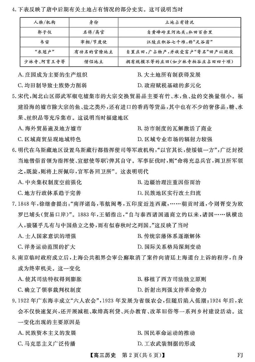 福建省金科大联考2026年高三高考一模历史试卷含答案第2页