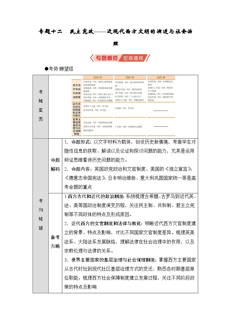 2026届高三历史二轮复习讲义：第1编　第3板块　专题12　民主宪政——近现代西方文明的演进与社会治理(含解析）第1页
