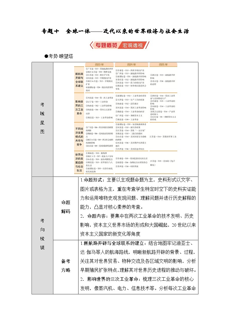 2026届高三历史二轮复习讲义：第1编　第3板块　专题10　全球一体——近代以来的世界经济与社会生活(含解析）第1页