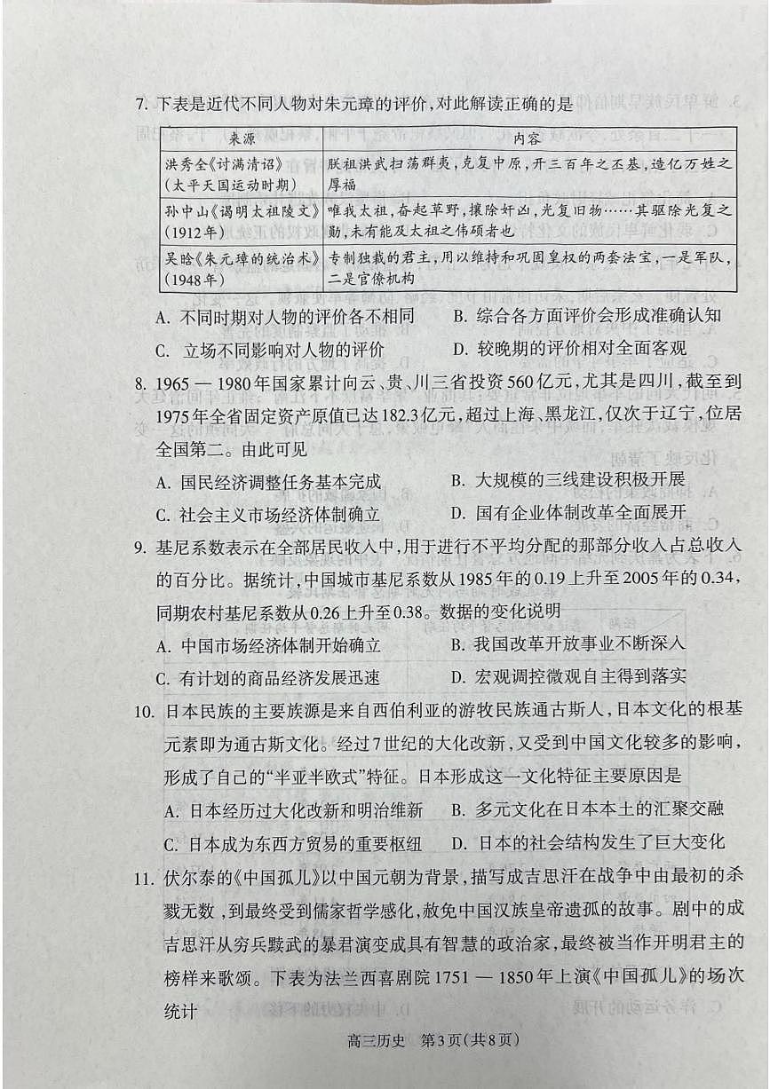 山西省吕梁市2024-2025学年高三上学期期末考试历史试题第3页
