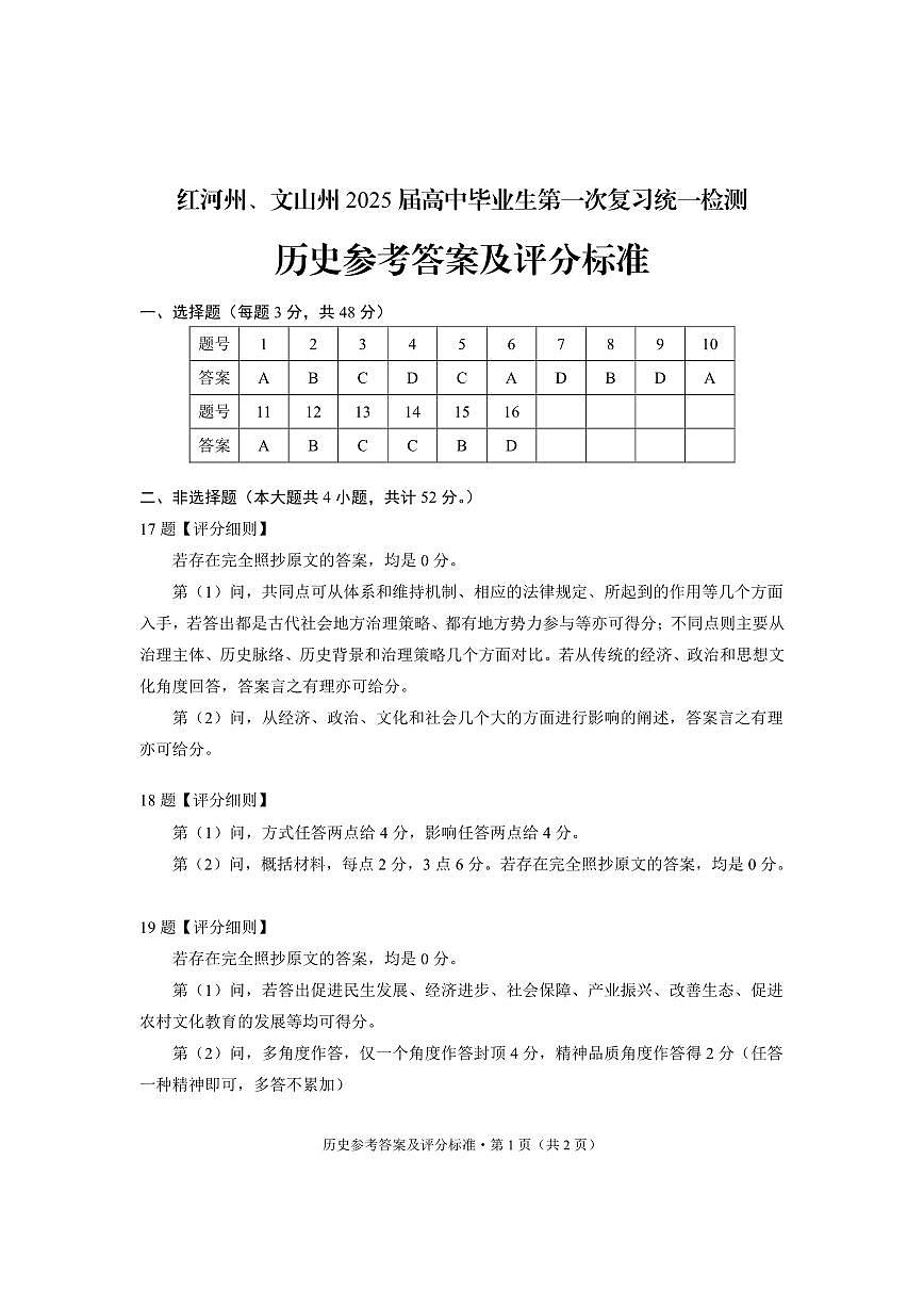云南省红河州、文山州2025届高中毕业生第一次复习统一检测历史答案第1页