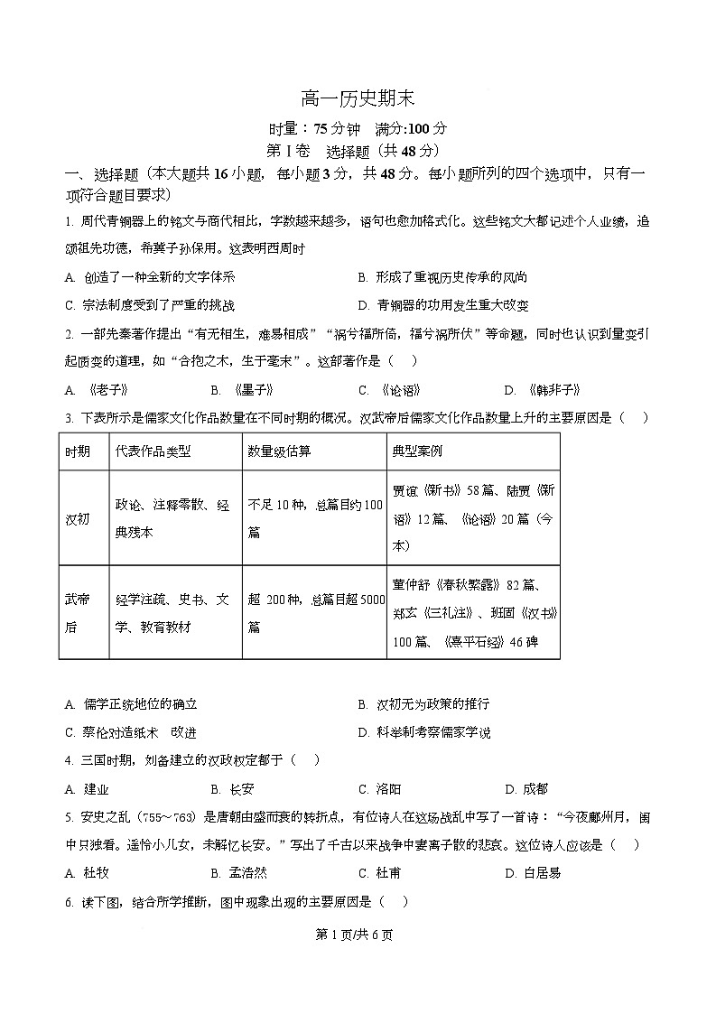 湖南长沙市长郡中学2025-2026学年高一上学期期末考试历史试题  Word版无答案第1页