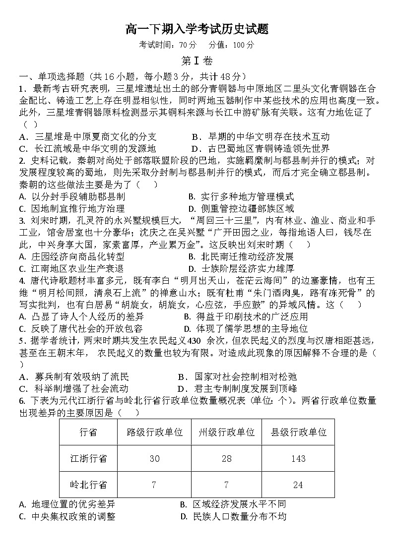 高一下期入学考试历史试题第1页