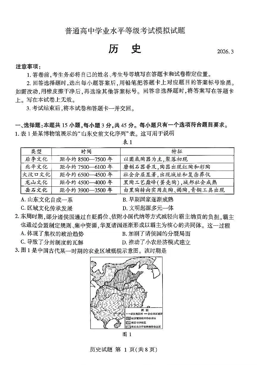 历史-山东省临沂市2026年普通高等学校招生全国统一考试试卷及答案（模拟）（临沂一模）第1页