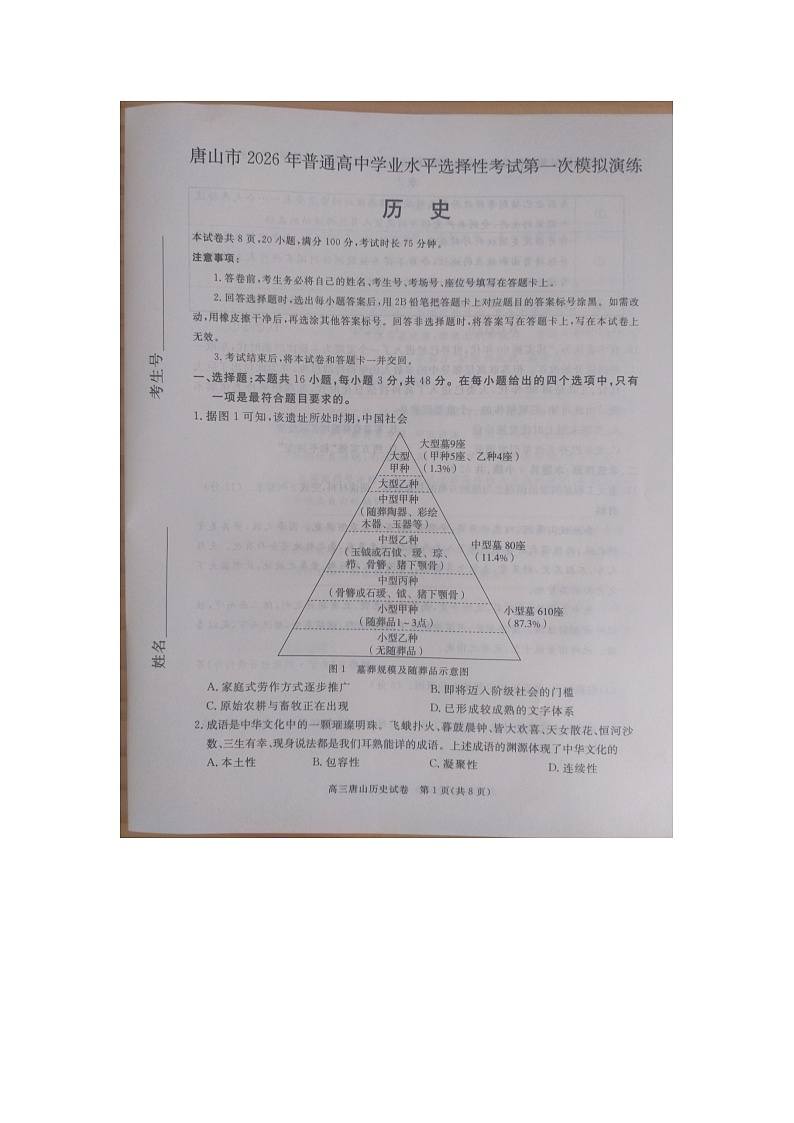唐山市 2026 年普通高中学业水平选择性考试第一次模拟演练历史第1页
