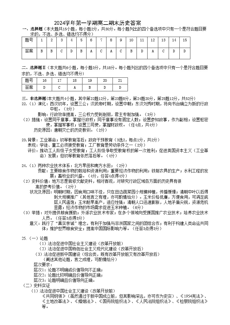 2024学年第一学期高二期末历史答案第1页