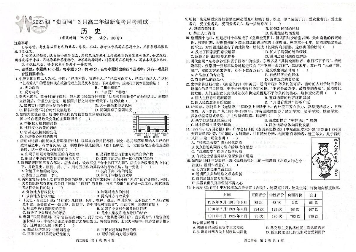 “贵百河”2025年3月高二联考历史试卷第1页