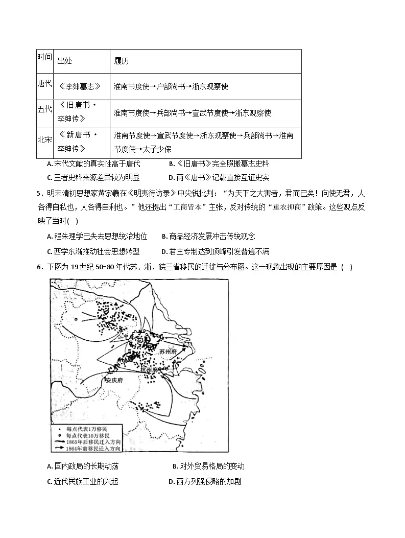 2026届安徽省定远中学高三下学期第一次素质检测历史试题（含答案）第2页
