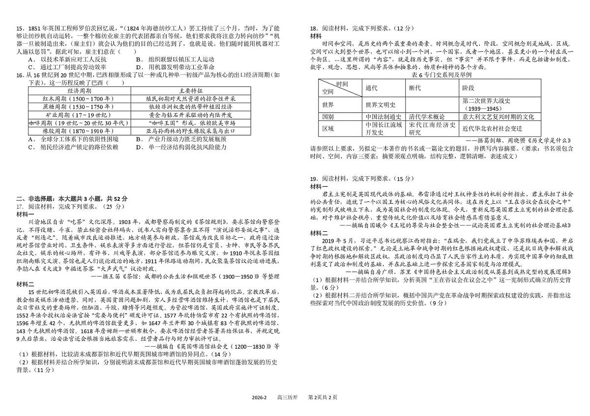 四川省成都市树德中学2026届高三下期开学考试历史试卷（扫描版附答案）第2页