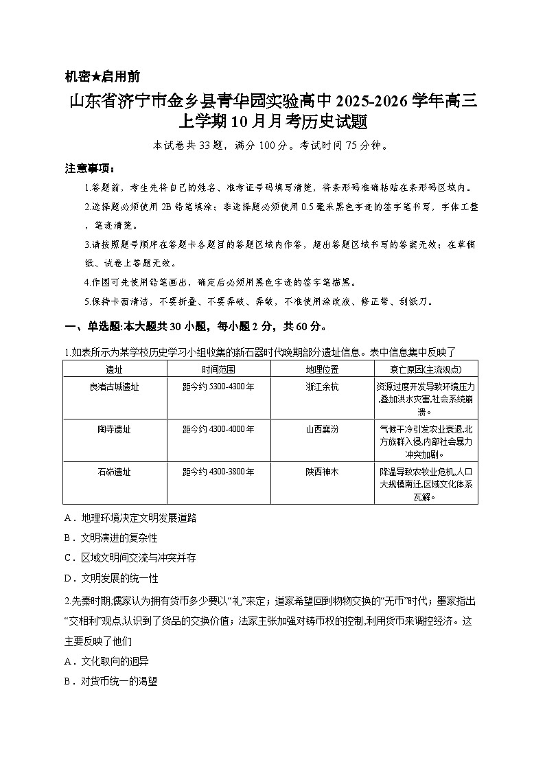 山东省济宁市金乡县青华园实验高中2025-2026学年高三上学期10月月考历史试题第1页