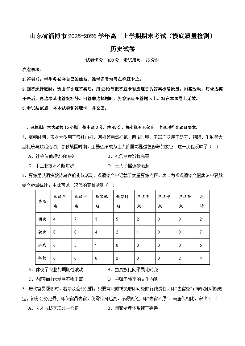 山东省淄博市2026届高三上学期期末考试历史试卷（Word版附解析）第1页