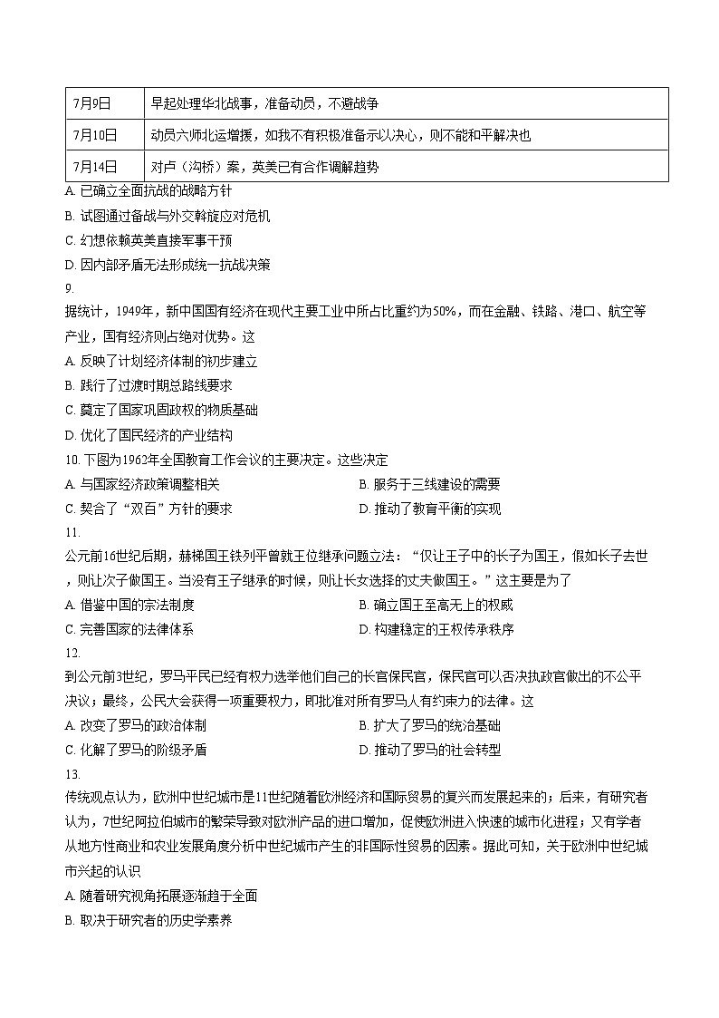 2026届河南南阳市方城县第一高级中学高三下学期学业水平选择性考试模拟信息(三)历史试卷（文字版，含答案）第3页