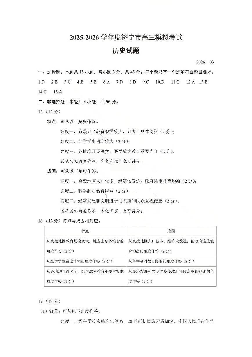 济宁市2026届高三年级一模考试 历史答案第1页