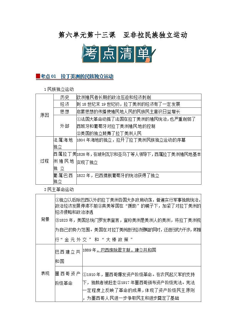 第六单元第13课 亚非拉民族独立运动  2025-2026学年高中历史统编版 必修 中外历史纲要（下）同步复习讲义（原卷版）第1页