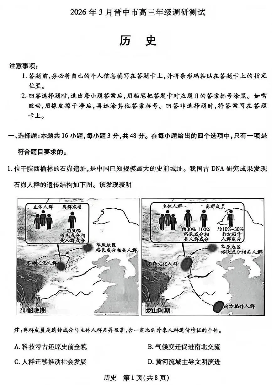 山西省晋中市2026年下学期高三二模调研测试 历史试题+答案第1页