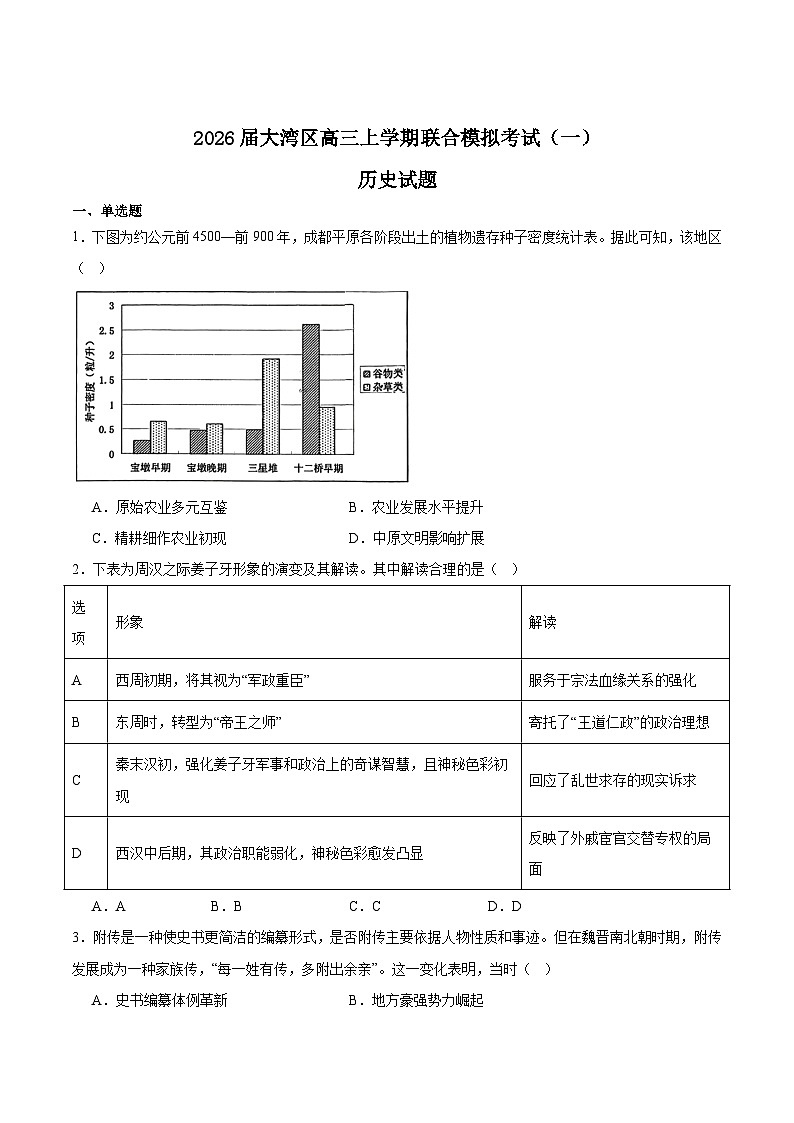 广东省大湾区普通高中2026届高三上学期联合模拟考试（一）历史试卷（Word版附答案）第1页