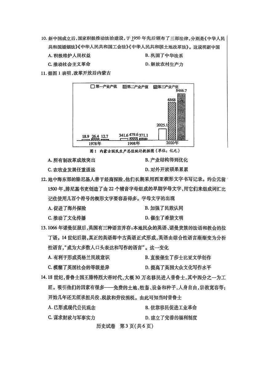 内蒙古包头市2026年高三第一次模拟考试 历史第3页