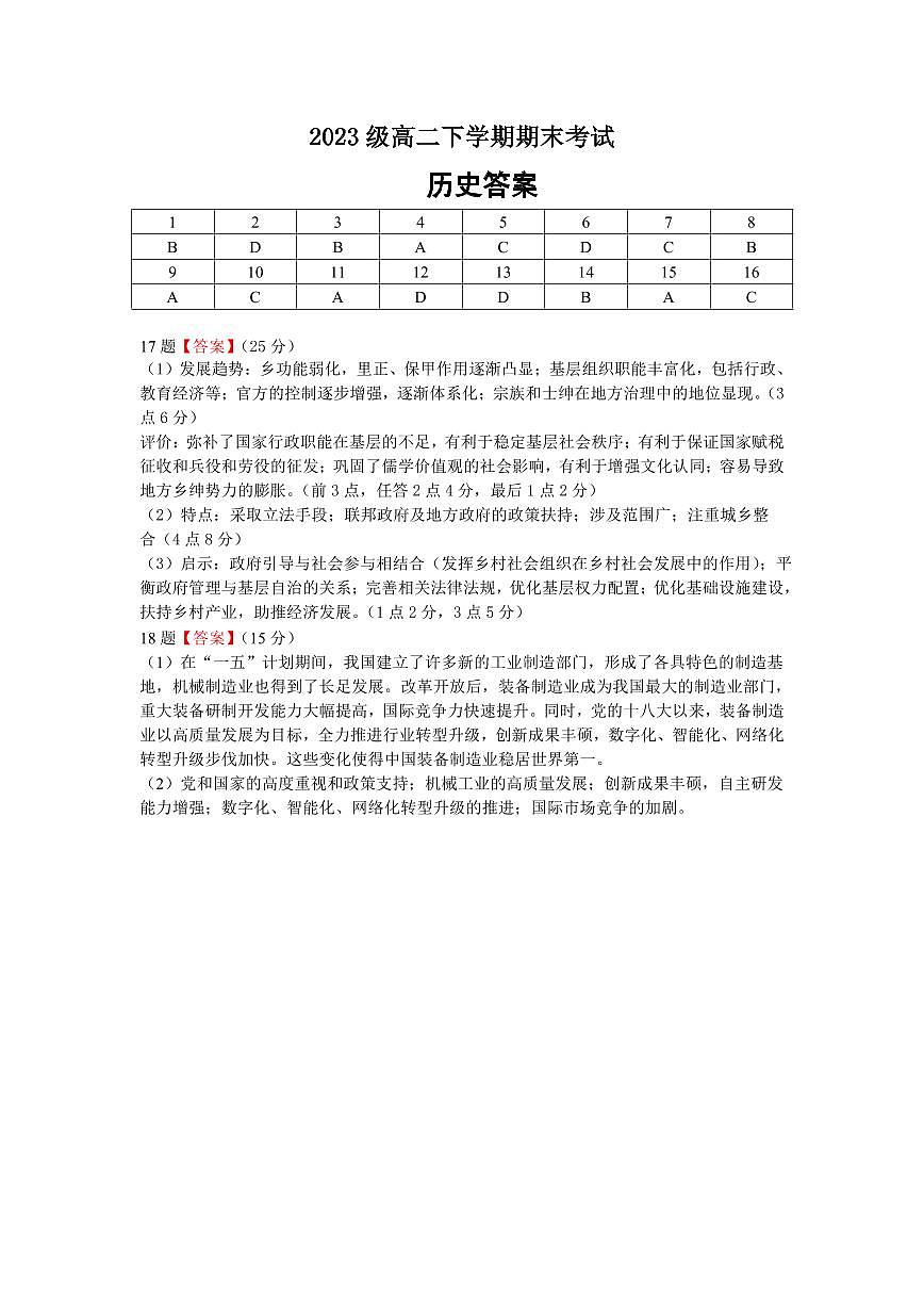 四川省眉山市仁寿第一中学校南校区2024-2025学年高二下学期6月期末考试历史答案第1页