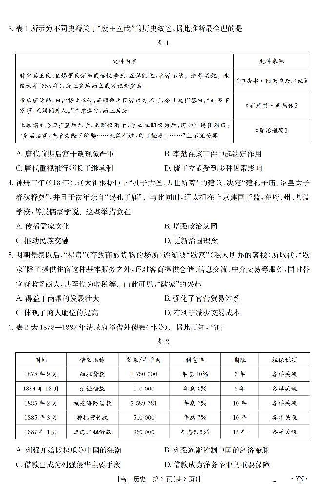 云南省金太阳2025届高三下学期3月百万大联考历史试卷（无答案）第2页