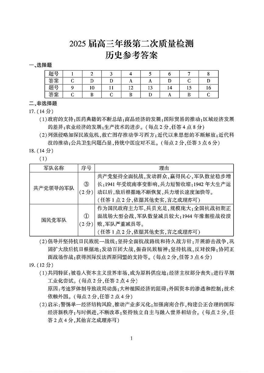 河南三市2025届高三年级第二次质量检测历史答案第1页