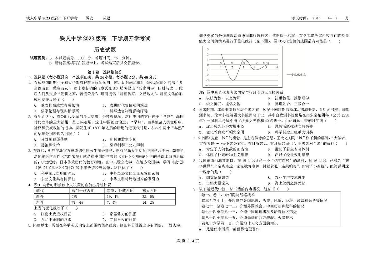黑龙江省大庆铁人中学2024-2025学年高二下学期开学考试历史试卷第1页