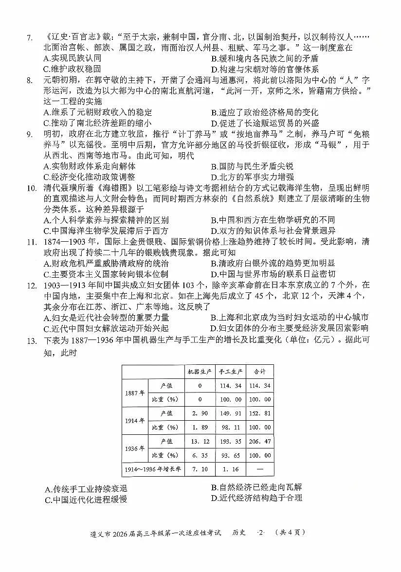 贵州省遵义市2025-2026学年高三上学期第一次适应性考试历史试卷（含答案）第2页