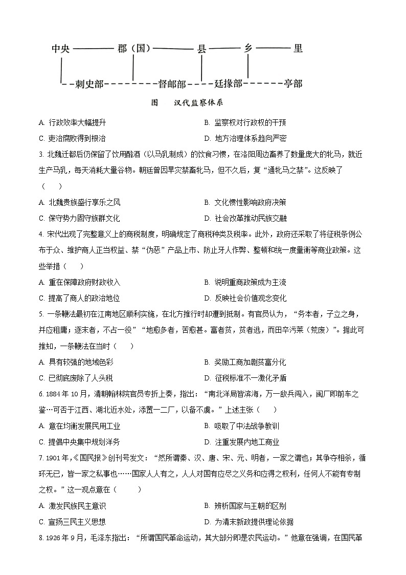 广东省深圳市高二下学期期末考试历史试题（原卷版）-A4第2页