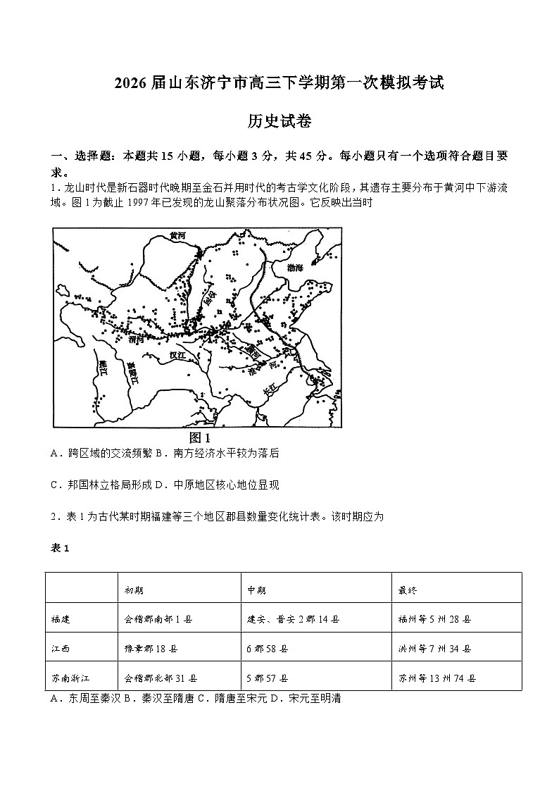 山东省济宁市2026届高三下学期3月第一次模拟考试 历史试卷（含解析）第1页