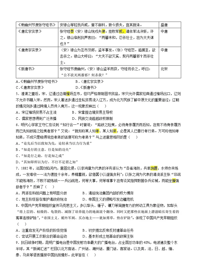 2025年1月云南省普通高等学校招生考试适应性测试（八省联考）历史试题(无答案)第2页