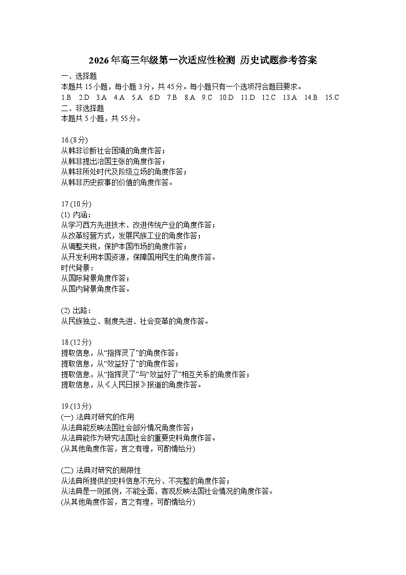 青岛市2026年高三年级第一次适应性检测 历史答案第1页