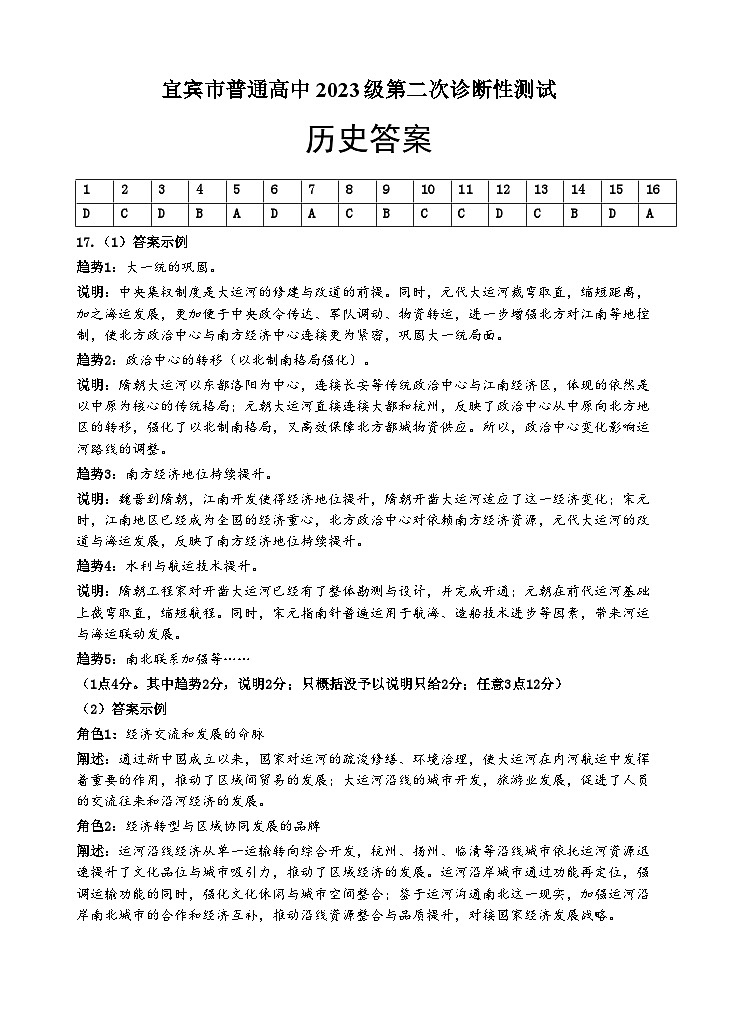 宜宾市普通高中2023级第二次诊断性测试 历史答案第1页