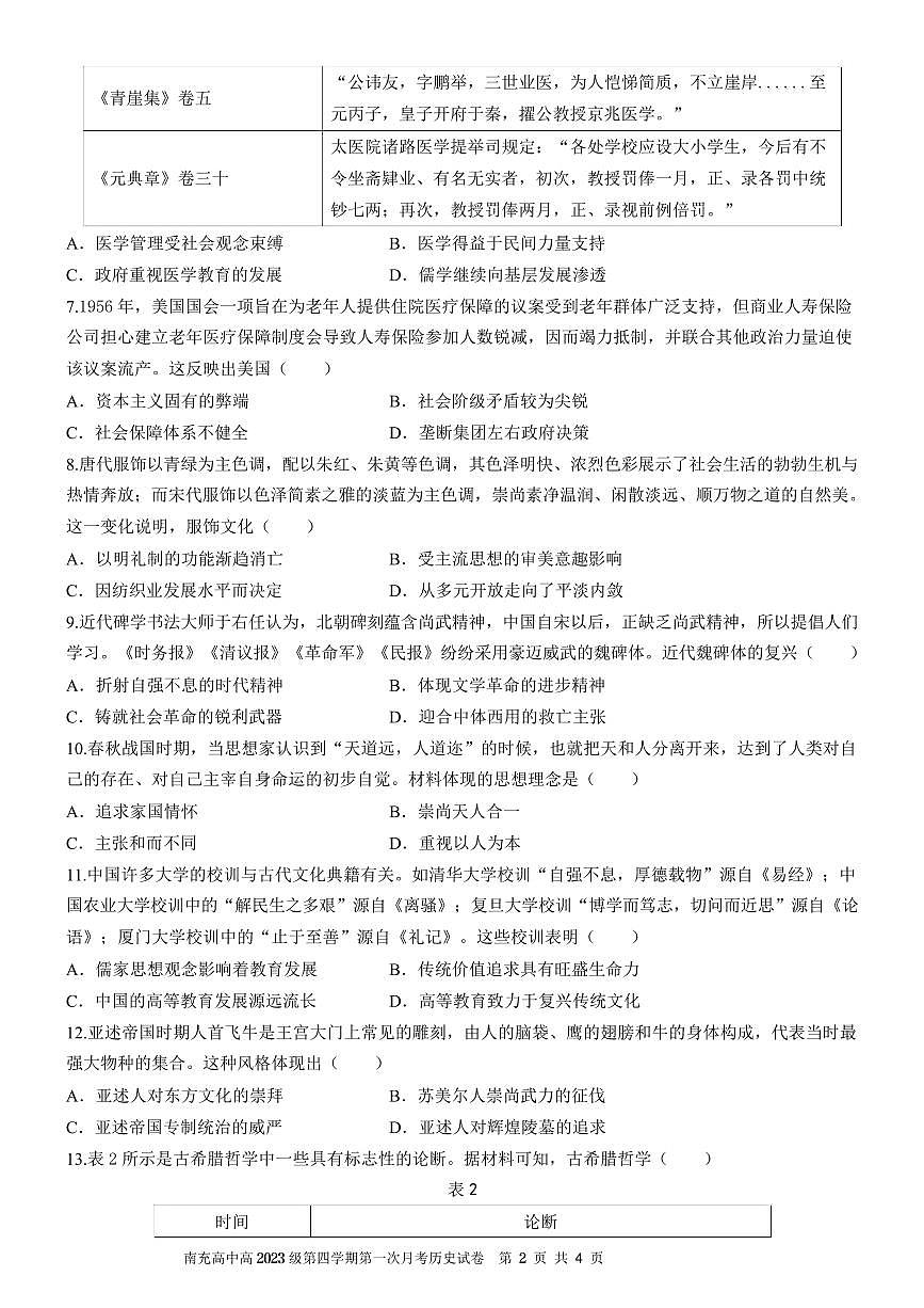 南充高中高2023级第四学期第一次月考  历史第2页