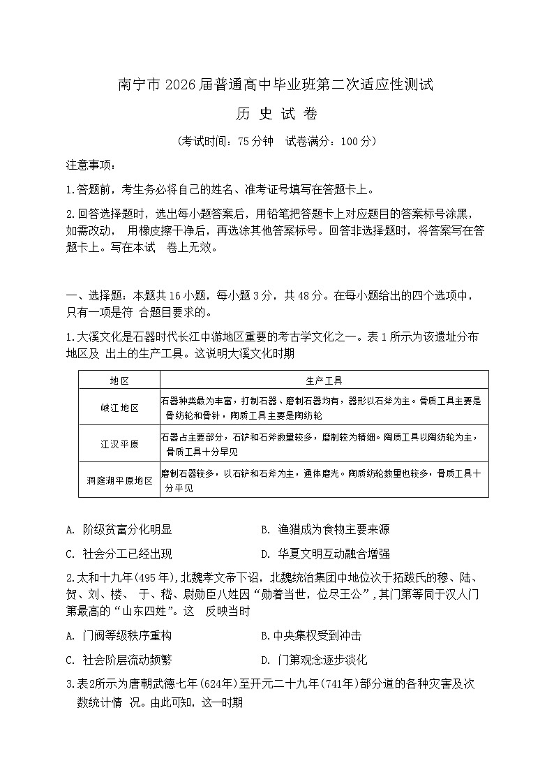 2026届广西南宁市下学期高三二模适应性测试 历史试题+答案解析第1页
