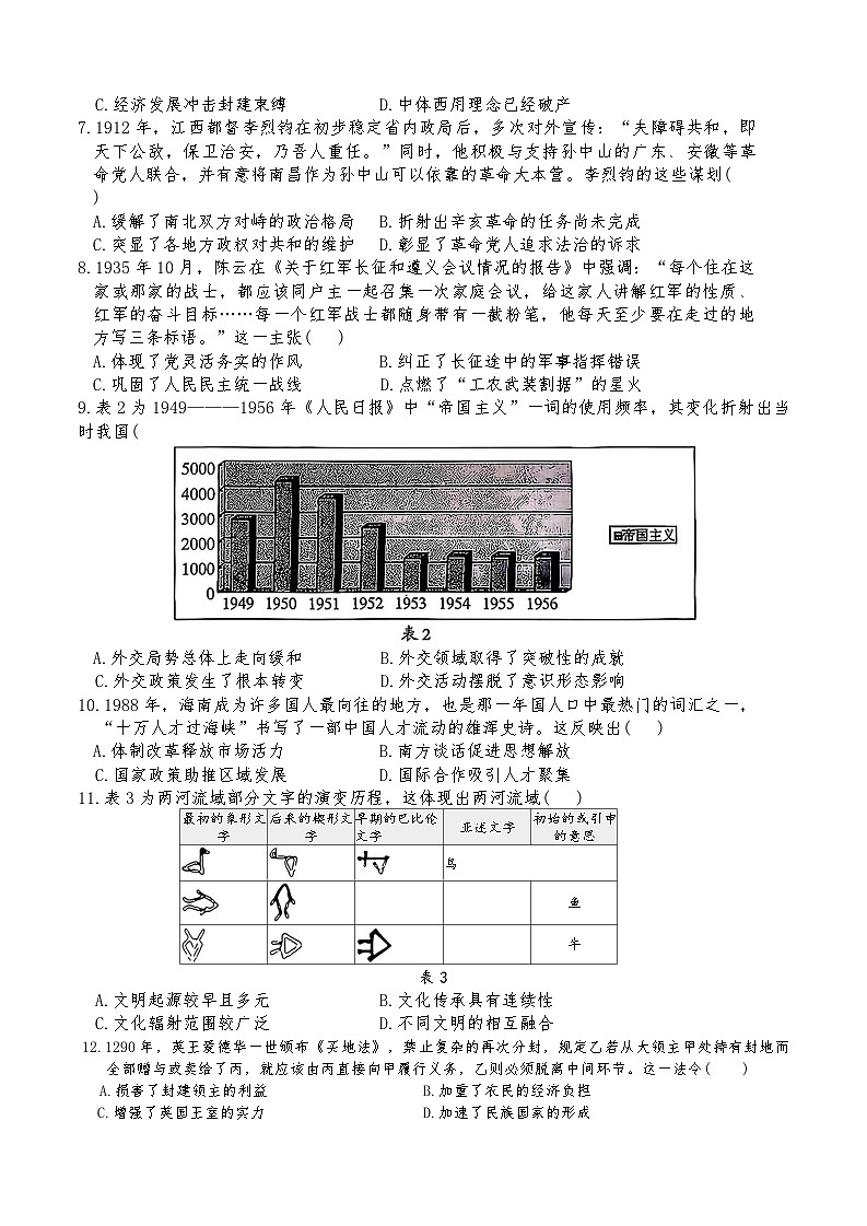 江西省吉安市2025-2026年高三下一模历史试卷（无答案）第2页