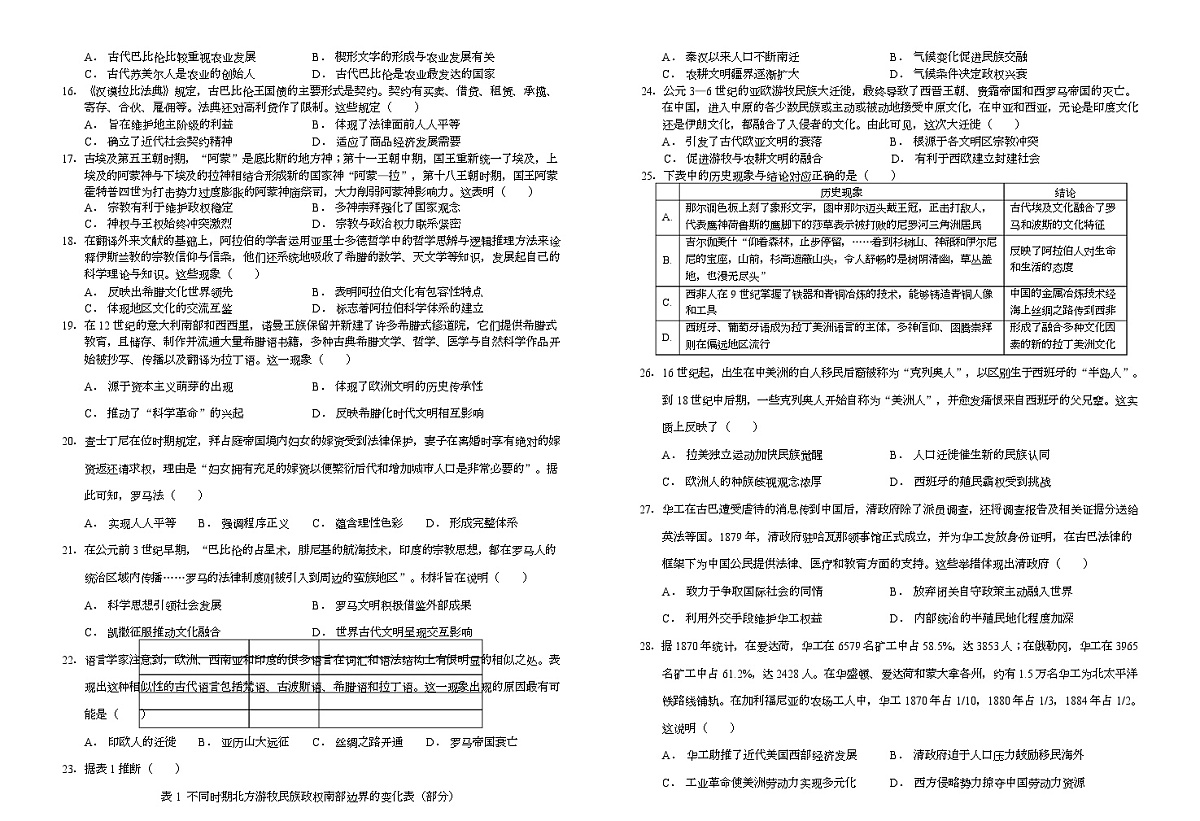 山东省济宁市实验中学2024-2025学年高二年级下学期3月份月考历史试卷 高二下下学期3月份月考历史试题第2页
