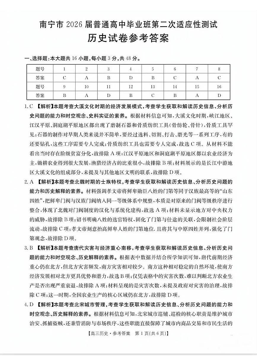 南宁市2026届普通高中毕业班第二次适应性测试 历史答案第1页