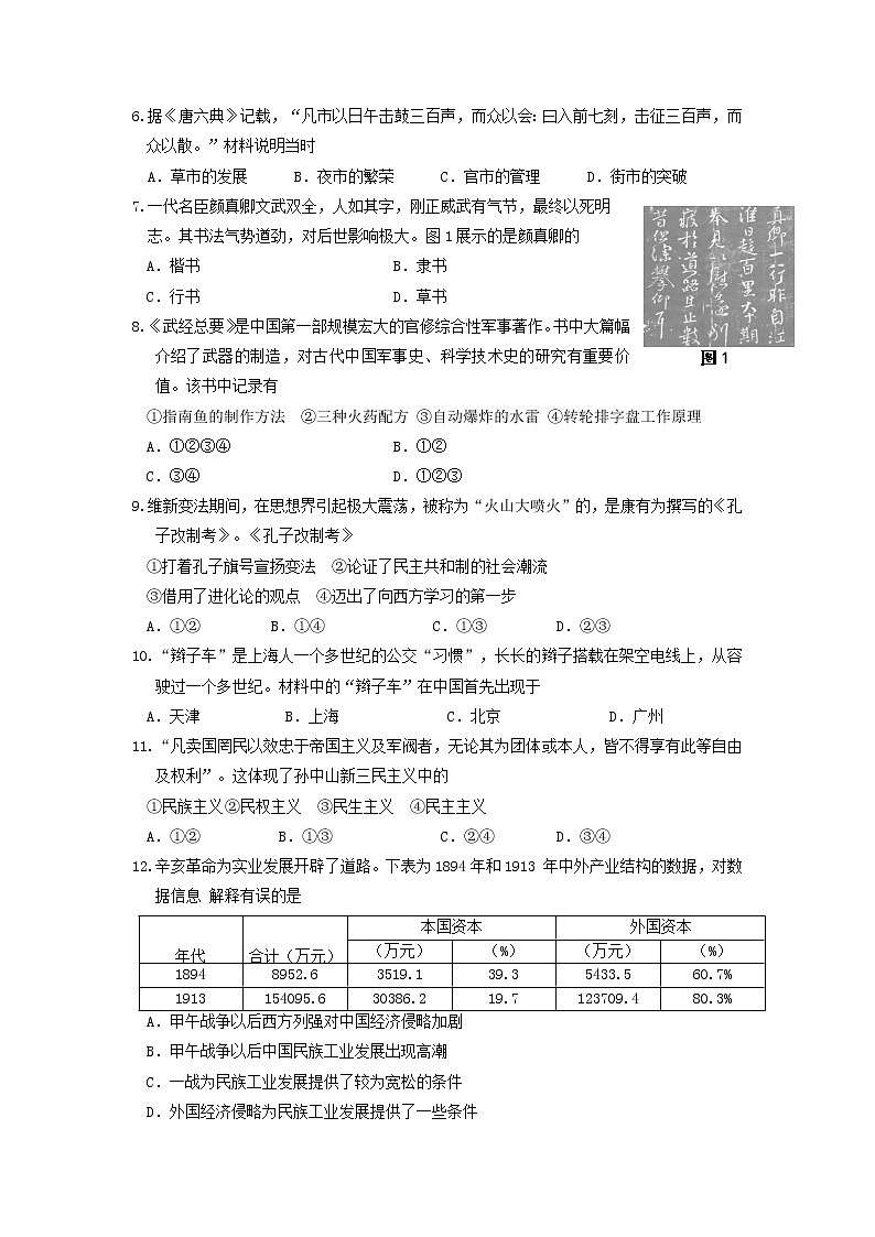 浙江省杭州市长征中学2019-2020学年高二上学期期中考试历史试卷02