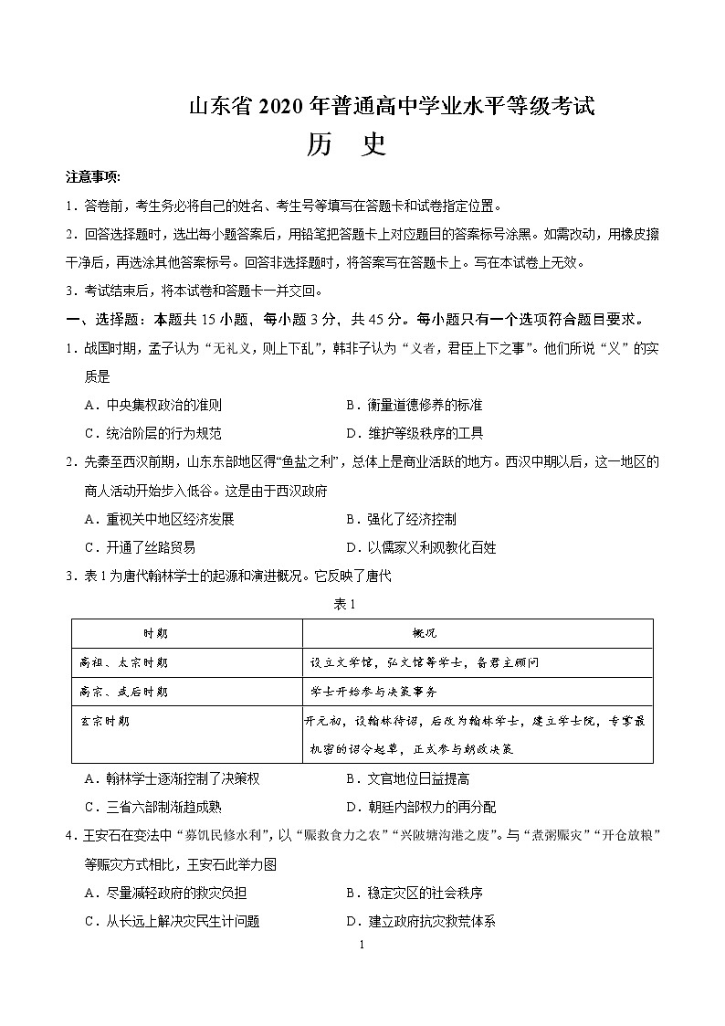 2020年高考历史新高考1卷(山东)真题及答案解析01