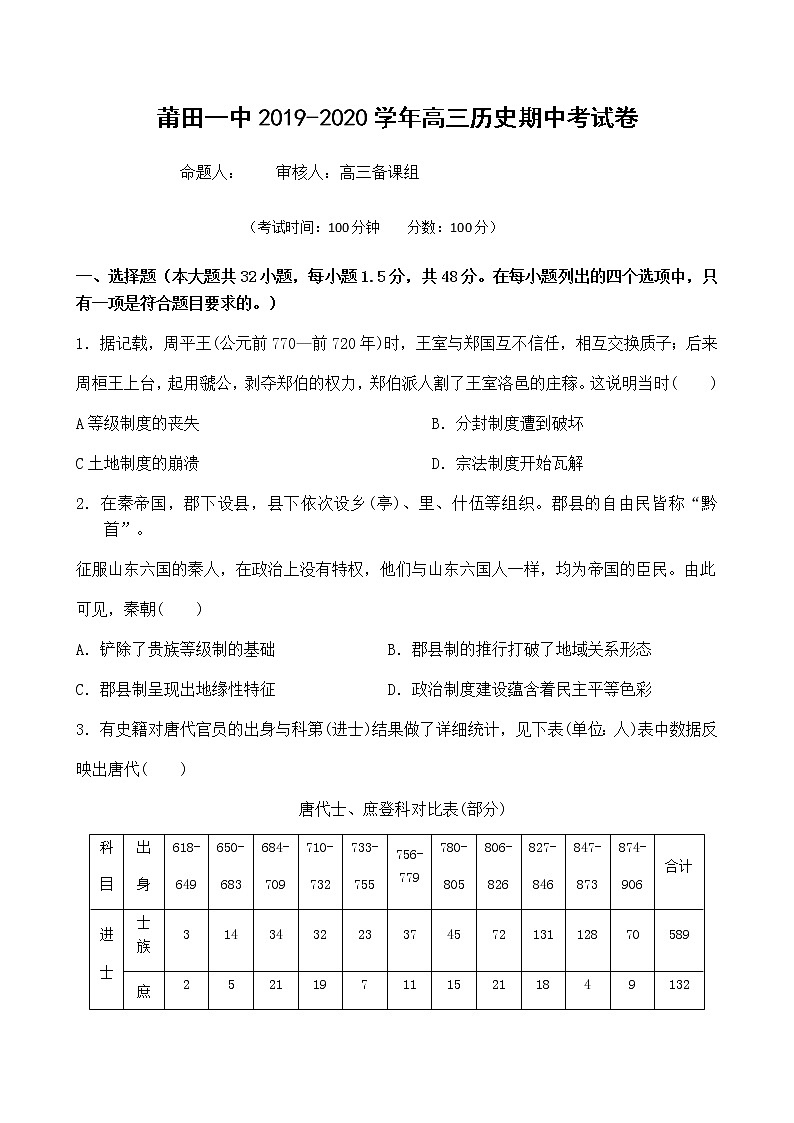 福建省莆田第一中学2020届高三上学期期中考试历史试题01