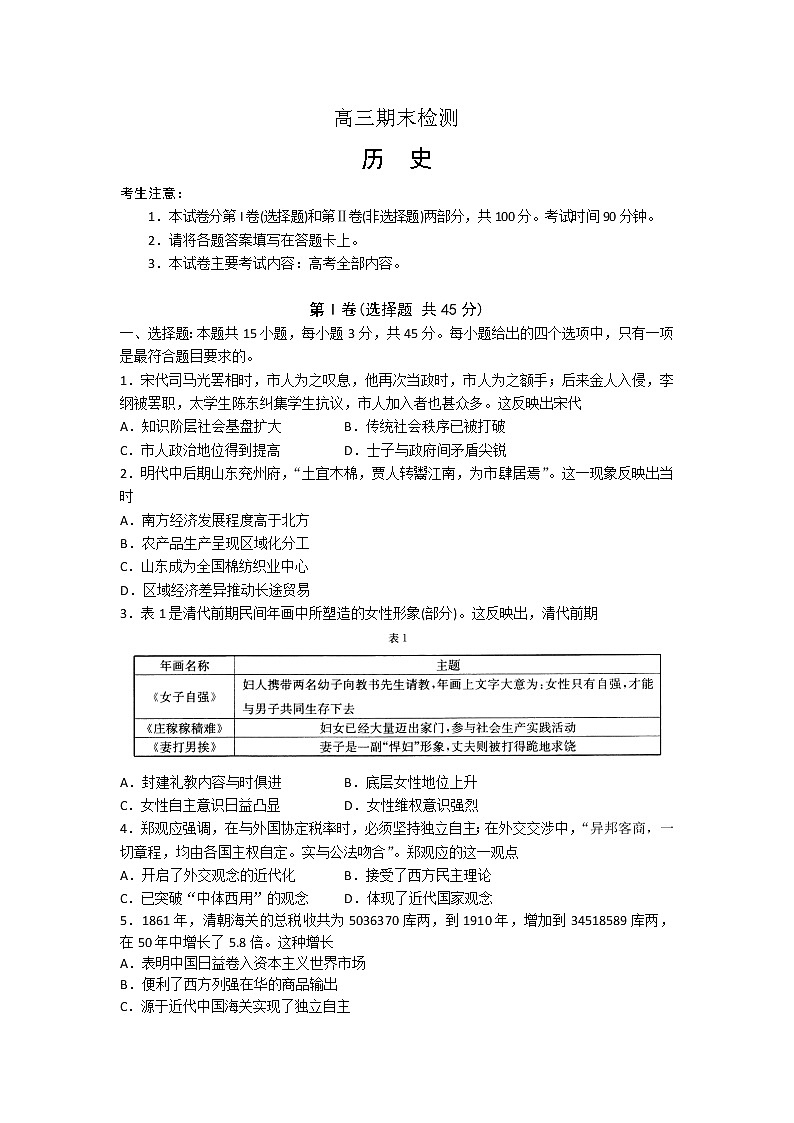 山东省临沂市2020届高三上学期期末考试历史试题01