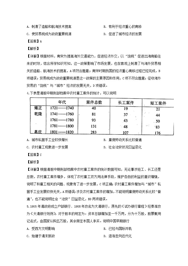 安徽省芜湖市2020届高三上学期期末质量检测文综历史试题02