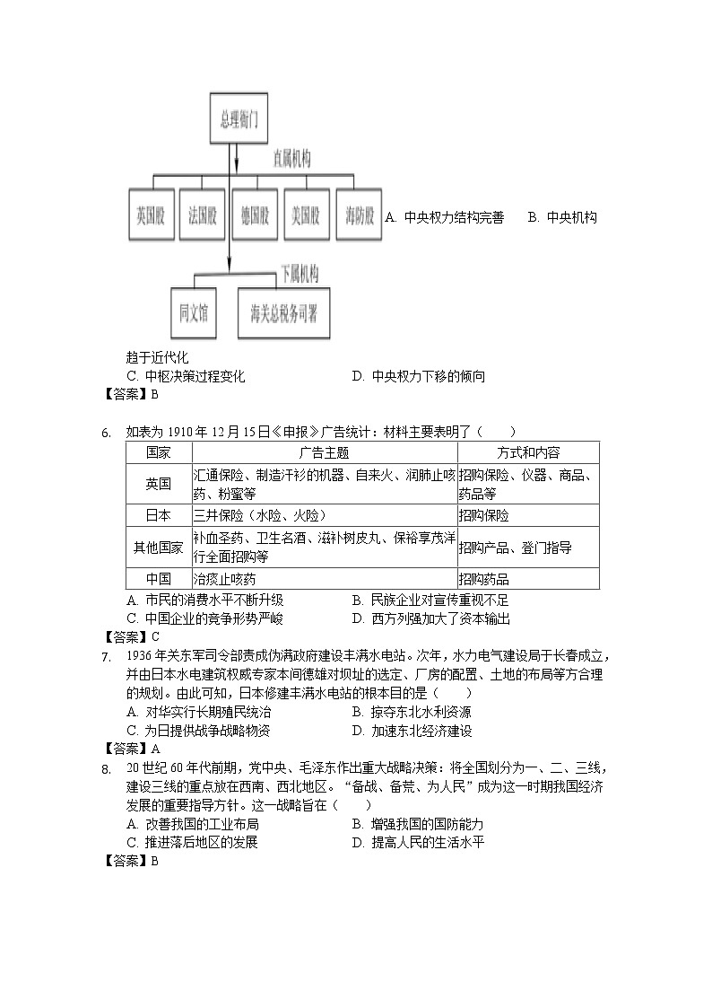 安徽省安庆市桐城市某中学2019-2020学年高三第三次模拟考试历史试卷02
