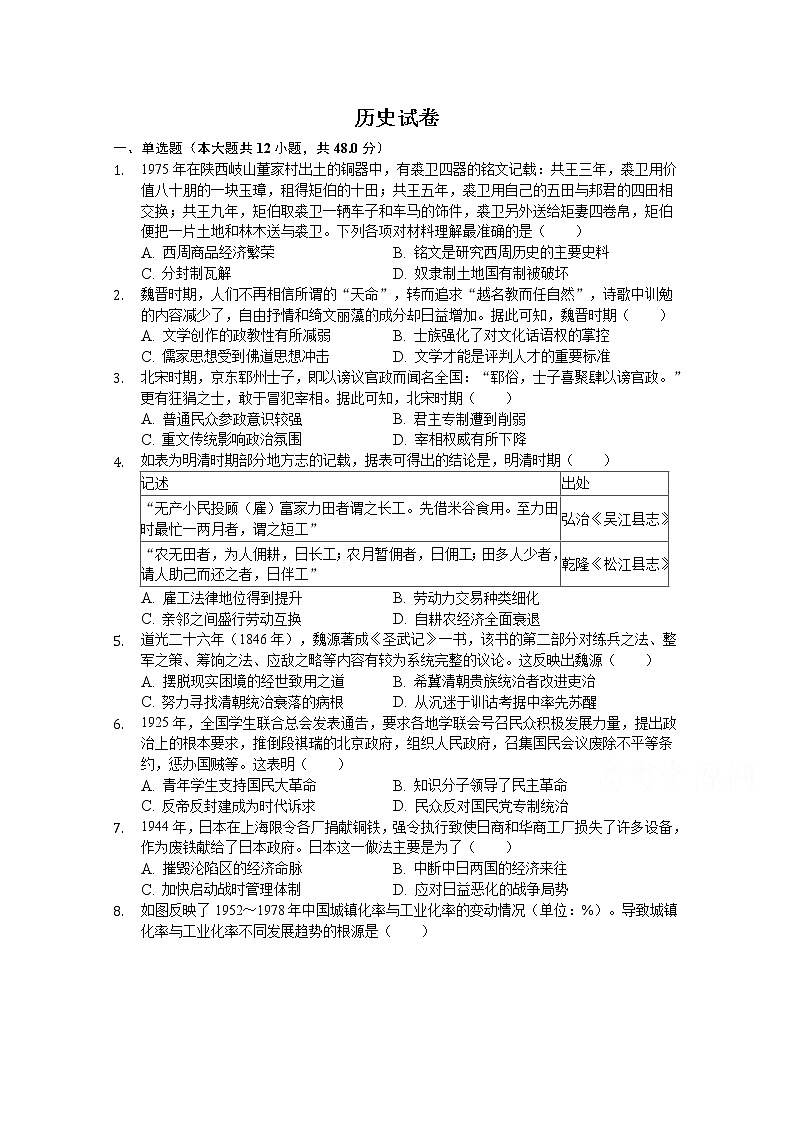 安徽省安庆市桐城市某中学2019-2020学年高三学习质量检测历史试卷01