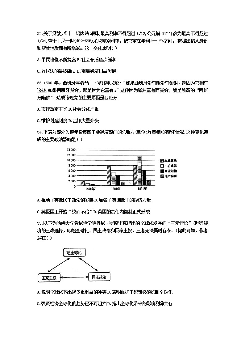 安徽省淮北一中2020届高三最后一卷文科综合历史试题03