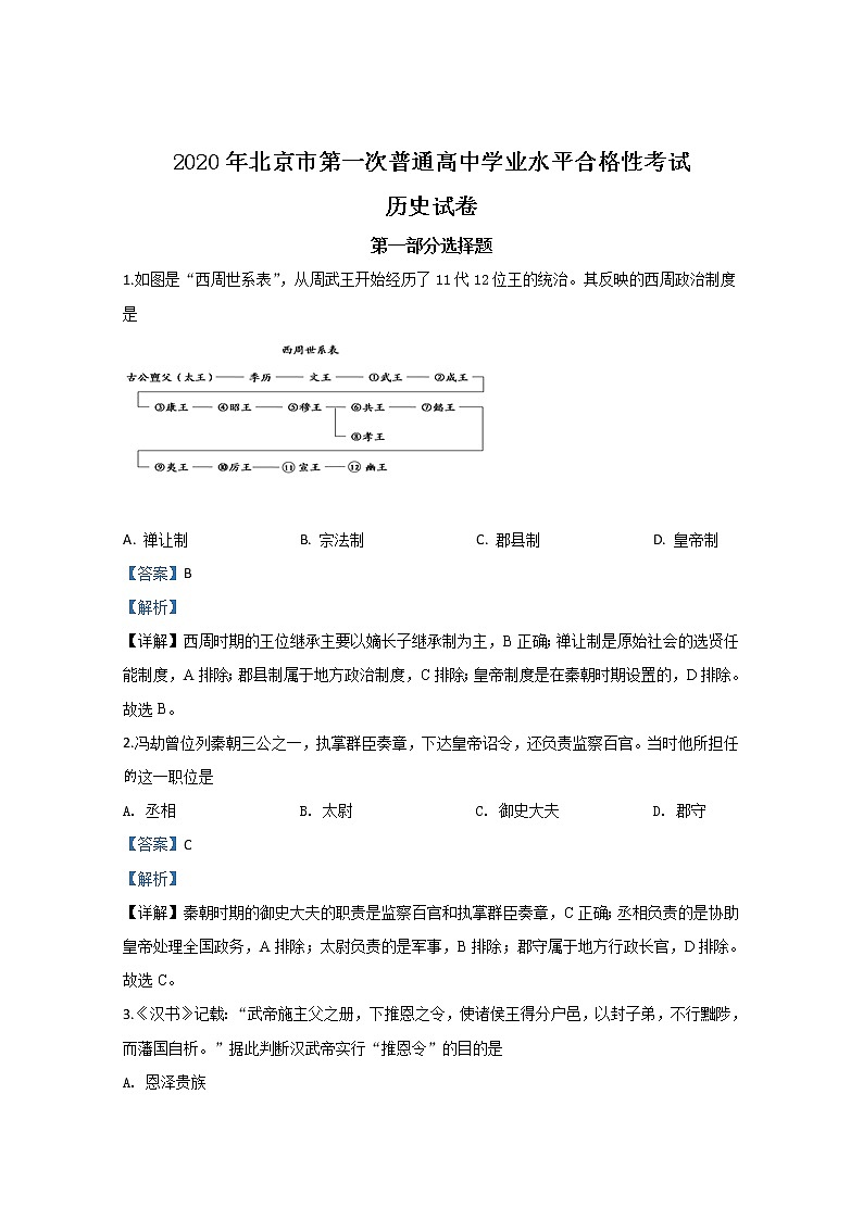 北京市2020届高三第一次普通高中学业水平合格性考试历史试题01