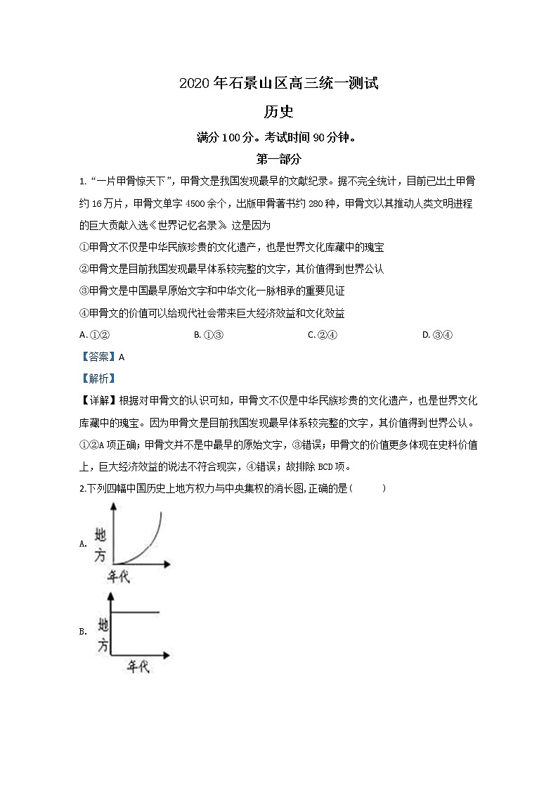 北京市石景山区2020届高三4月统一测试历史试题01