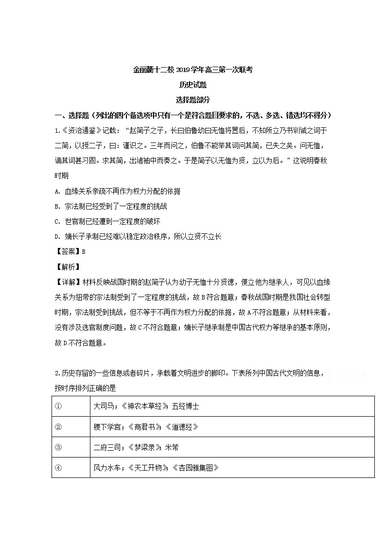 浙江省金丽衢十二校2020届高三上学期第一次联考历史试题01