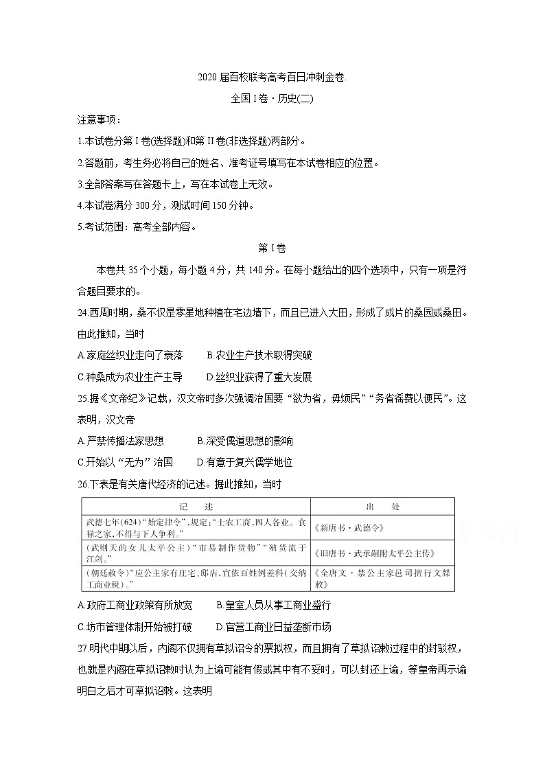 2020届百校联考高考百日冲刺金卷全国Ⅰ卷  历史（二）第1页