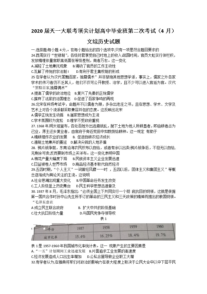 河南省天一大联考“顶尖计划”2020届高三毕业班考试历史试题01